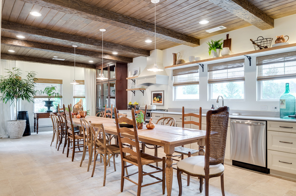Design ideas for an expansive farmhouse kitchen/diner in DC Metro with recessed-panel cabinets, white cabinets, stainless steel appliances, no island, beige floors, a submerged sink, concrete worktops, travertine flooring and grey splashback.