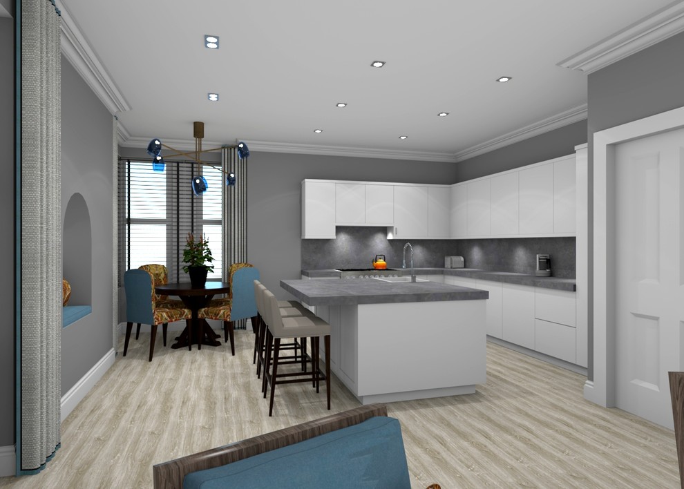 Inspiration for a medium sized contemporary l-shaped open plan kitchen in Other with a built-in sink, flat-panel cabinets, white cabinets, composite countertops, grey splashback, light hardwood flooring and an island.