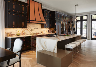 Photo of a beige kitchen with dark worktop on Craiyon