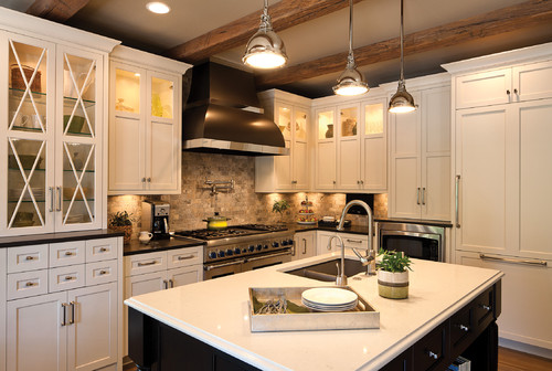 Cherry cabinets with white countertop in the kitchen 