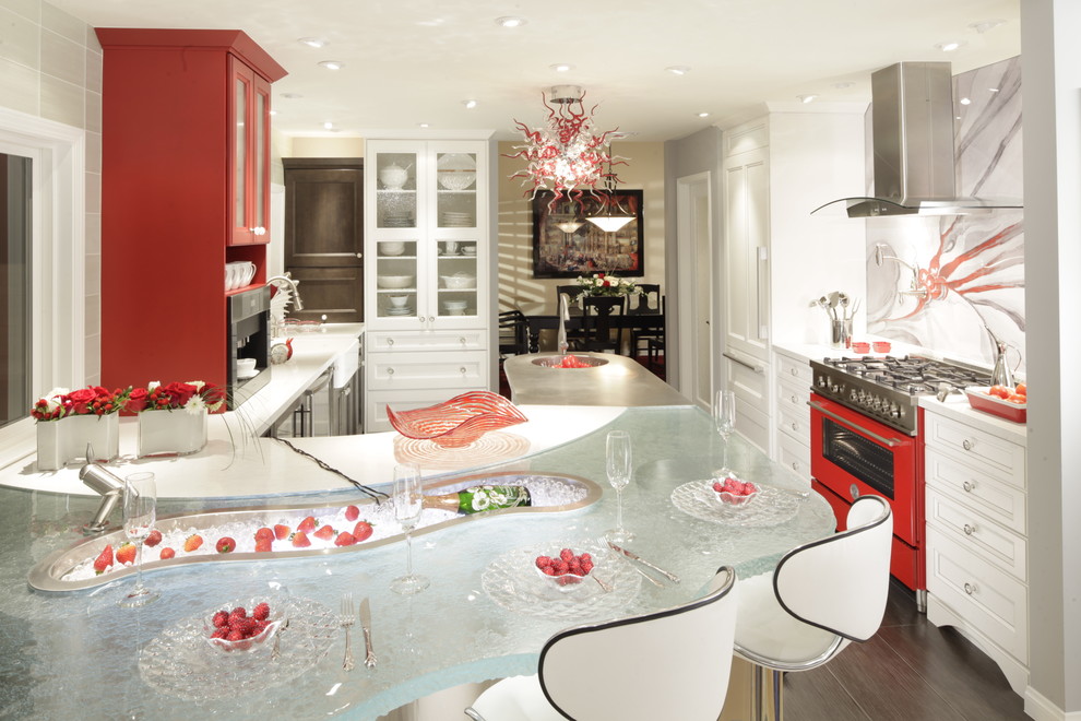 Photo of a farmhouse kitchen in Los Angeles with coloured appliances and glass worktops.