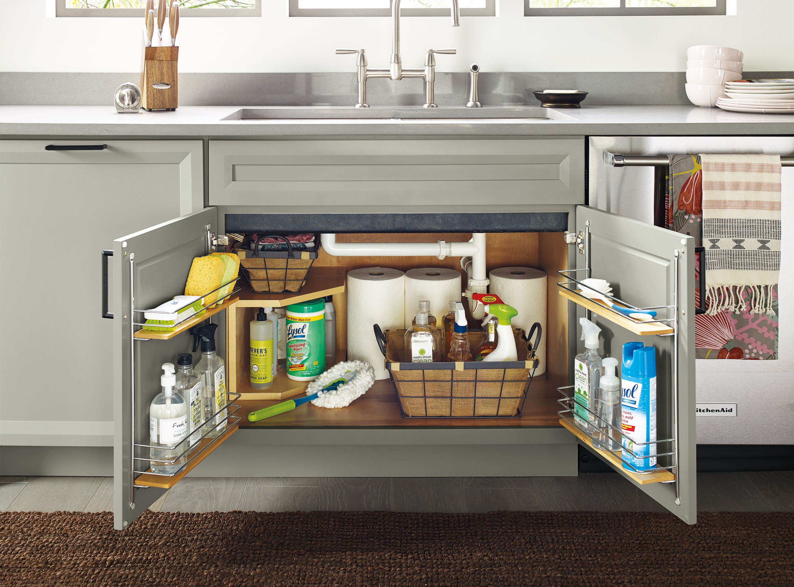 under kitchen sink showing cabinet