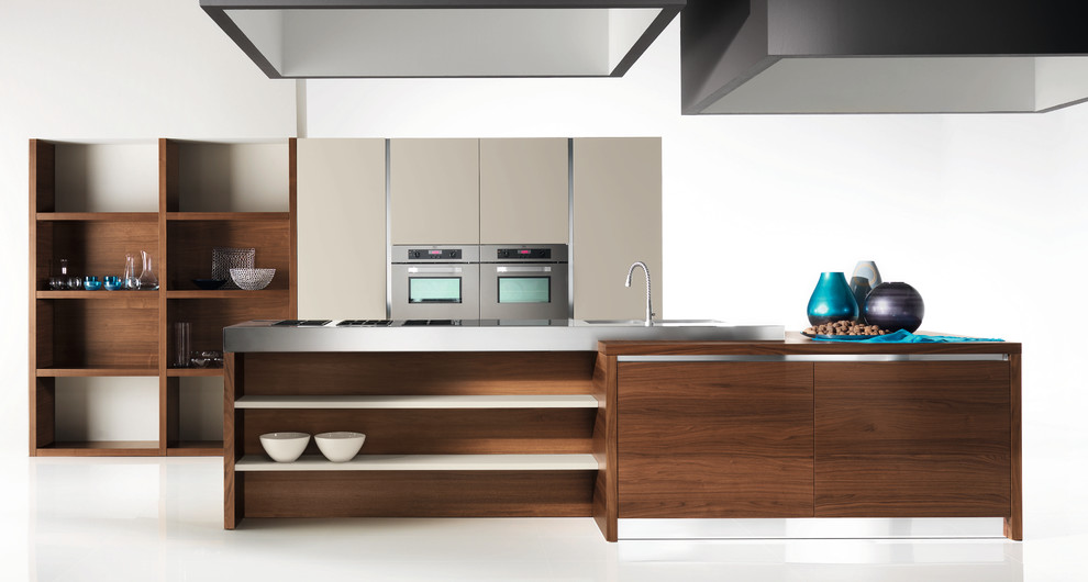 This is an example of a medium sized modern single-wall kitchen pantry in San Diego with a double-bowl sink, open cabinets, medium wood cabinets, stainless steel worktops, grey splashback, ceramic splashback, integrated appliances, concrete flooring and an island.
