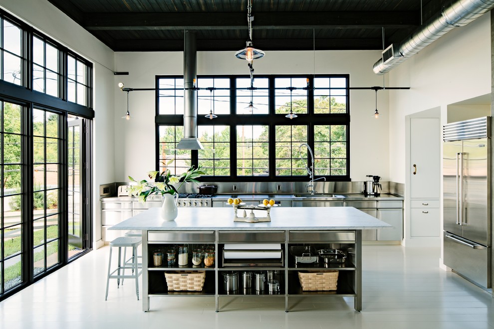 Urban kitchen photo in Portland with an integrated sink, open cabinets, stainless steel cabinets, metallic backsplash, metal backsplash, stainless steel appliances and marble countertops