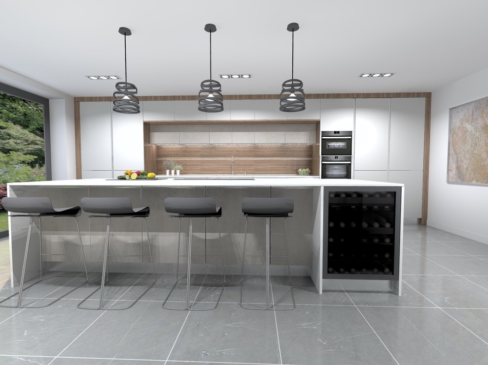 Exempel på ett mellanstort modernt linjärt kök med öppen planlösning, med en integrerad diskho, luckor med glaspanel, grå skåp, bänkskiva i koppar, stänkskydd i trä, integrerade vitvaror, klinkergolv i keramik, en köksö och grått golv
