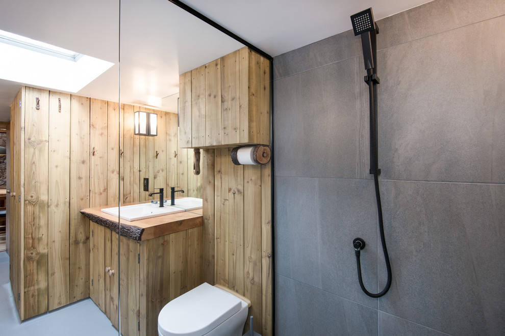 Modelo de cuarto de baño ecléctico pequeño con armarios con paneles lisos, puertas de armario de madera oscura y suelo de madera en tonos medios