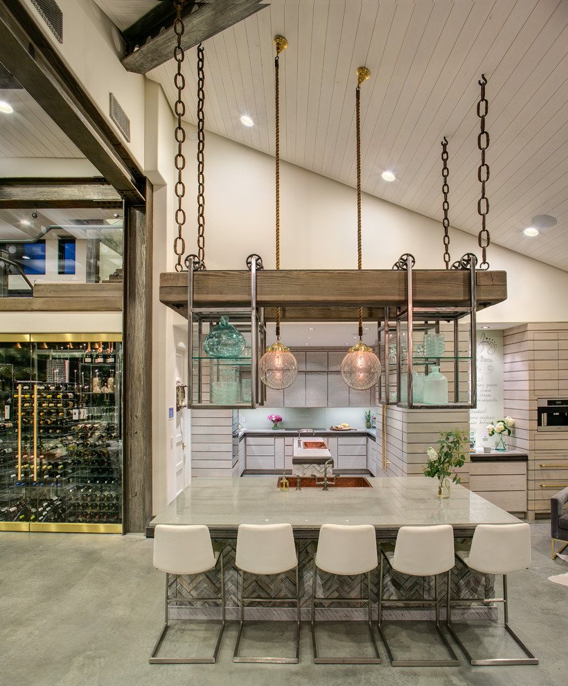 Inspiration for a large contemporary u-shaped concrete floor open concept kitchen remodel in Seattle with a farmhouse sink, flat-panel cabinets, medium tone wood cabinets, concrete countertops, gray backsplash, glass tile backsplash, stainless steel appliances and two islands