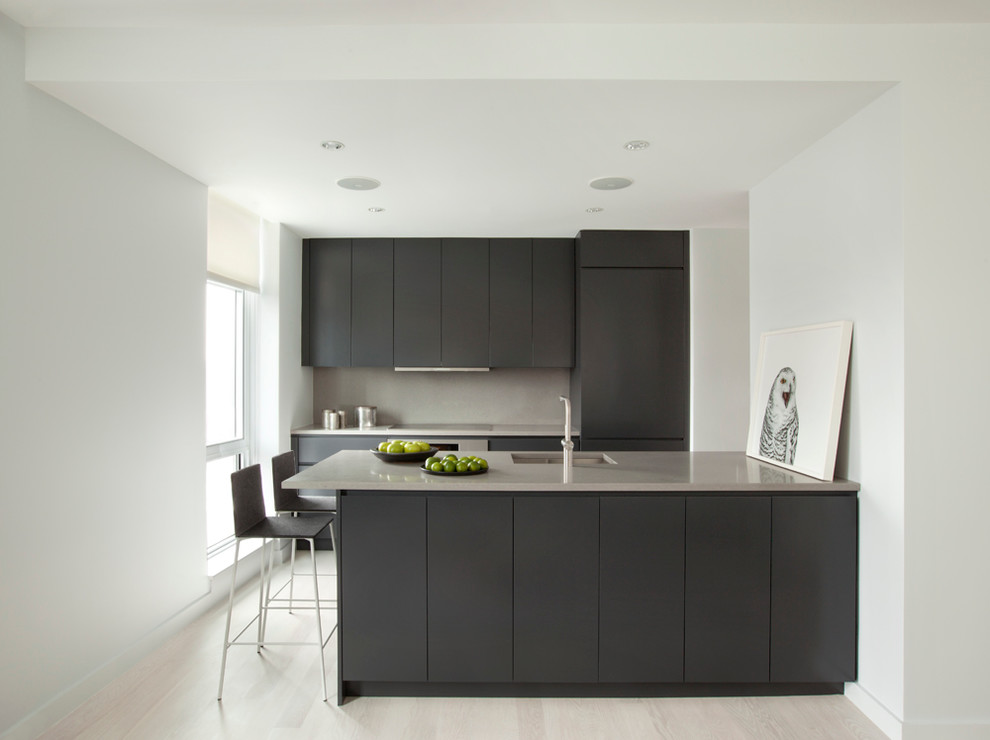Свежая идея для дизайна: кухня в современном стиле с врезной мойкой, плоскими фасадами, серыми фасадами и серым фартуком - отличное фото интерьера