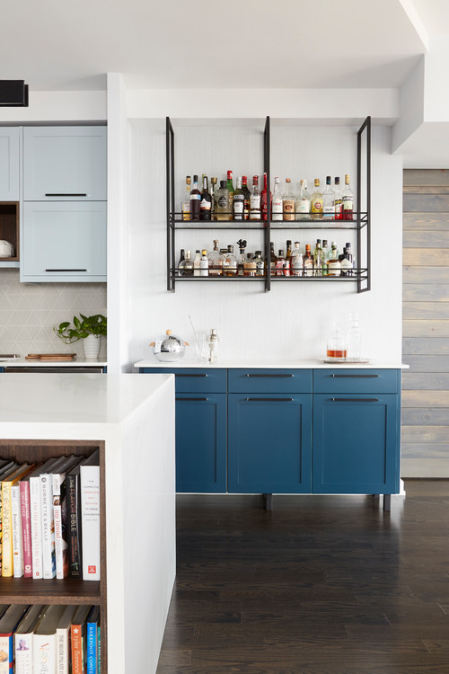 Modern Kitchen Bar Enhanced by Blue Shaker Cabinets and Small Kitchen Shelf Inspirations