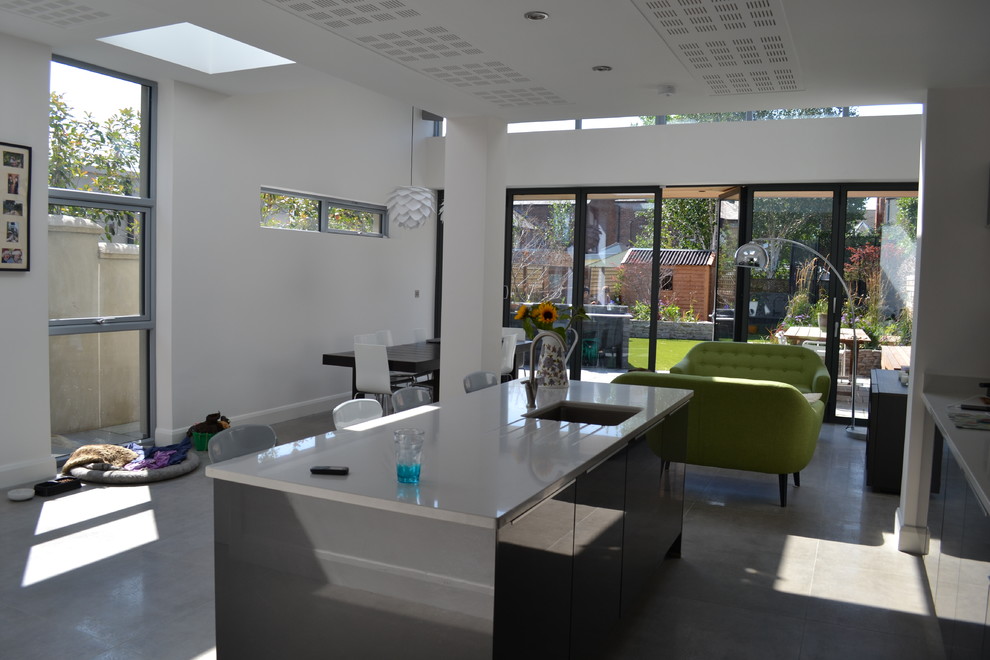 This is an example of a medium sized modern galley open plan kitchen in Dublin with an island, a built-in sink, flat-panel cabinets, grey cabinets, quartz worktops, glass sheet splashback, stainless steel appliances and concrete flooring.
