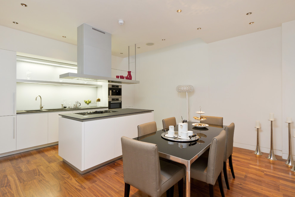 Moderne Küche mit Elektrogeräten mit Frontblende in London