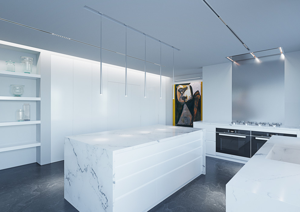 Immagine di una grande cucina minimalista con lavello integrato, ante lisce, ante bianche, top in quarzite, pavimento in marmo e pavimento nero