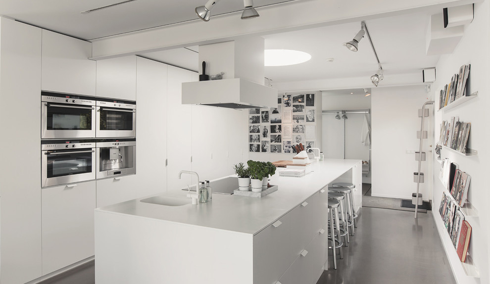 Источник вдохновения для домашнего уюта: отдельная, прямая кухня среднего размера в скандинавском стиле с одинарной мойкой, плоскими фасадами, белыми фасадами, техникой из нержавеющей стали, бетонным полом и островом