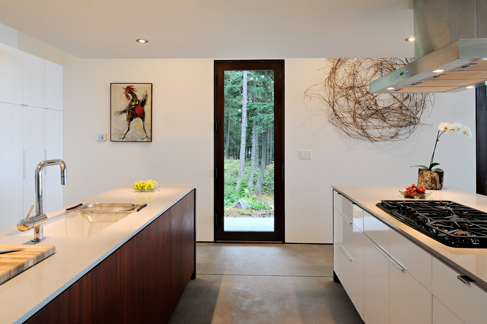Photo of a medium sized contemporary galley kitchen/diner in Seattle with a double-bowl sink, flat-panel cabinets, white cabinets, composite countertops, stainless steel appliances, ceramic flooring and an island.