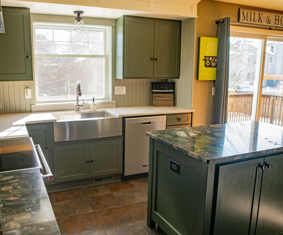 This is an example of a rustic kitchen in New York.