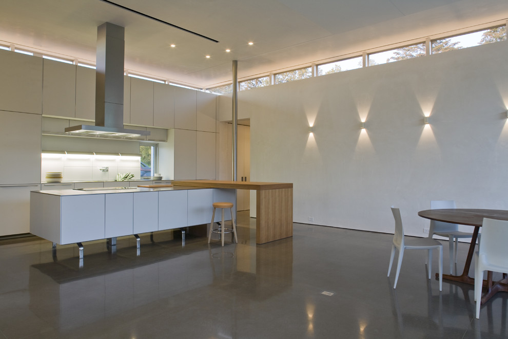 Idéer för funkis linjära grått kök och matrum, med släta luckor, vita skåp, en undermonterad diskho, bänkskiva i rostfritt stål, vitt stänkskydd, glaspanel som stänkskydd, integrerade vitvaror, betonggolv, en köksö och grått golv