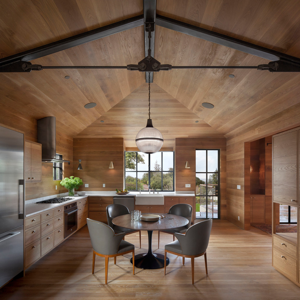 Large mountain style l-shaped medium tone wood floor and beige floor eat-in kitchen photo in San Francisco with flat-panel cabinets, medium tone wood cabinets, stainless steel appliances, a farmhouse sink, brown backsplash, wood backsplash and no island