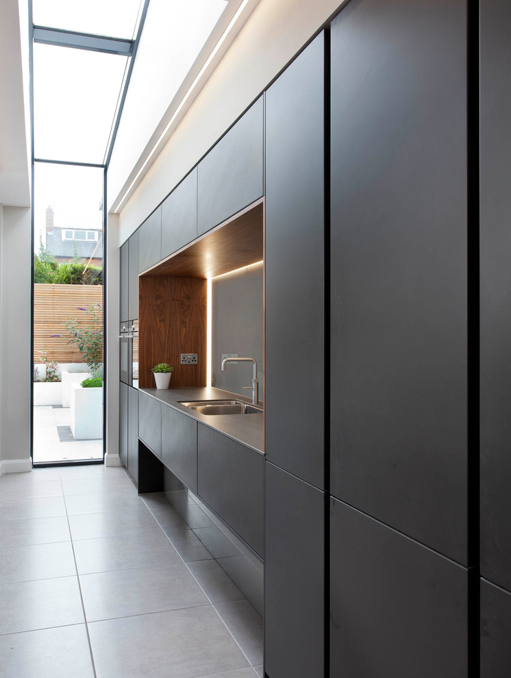 Diseño de cocina lineal moderna grande abierta con armarios tipo vitrina y una isla