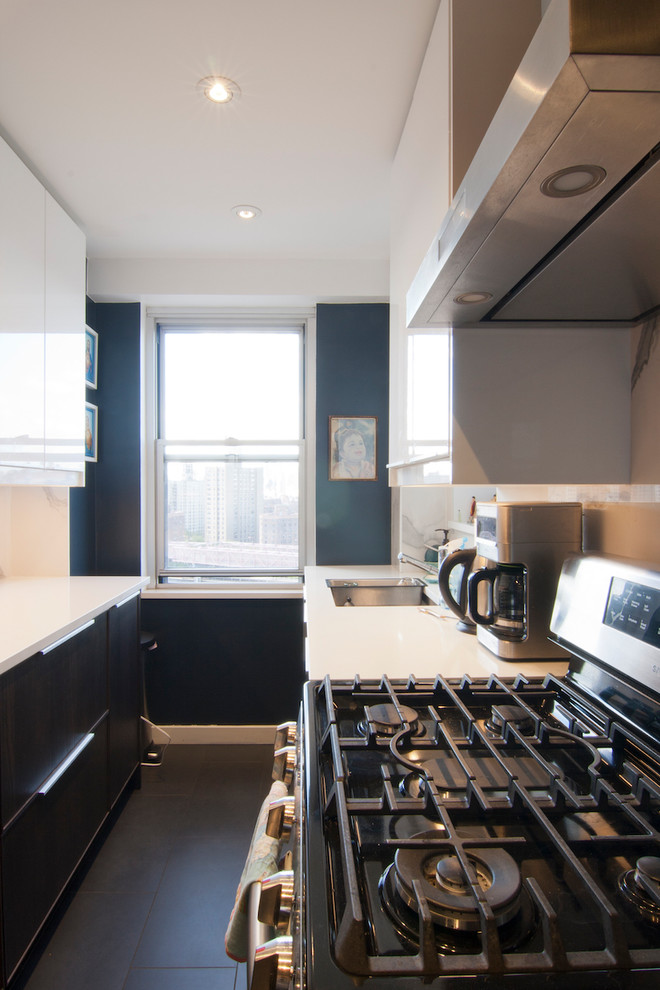 Example of a mid-sized trendy galley painted wood floor and black floor eat-in kitchen design in New York with an undermount sink, flat-panel cabinets, dark wood cabinets, quartz countertops, white backsplash, stone slab backsplash, stainless steel appliances and no island