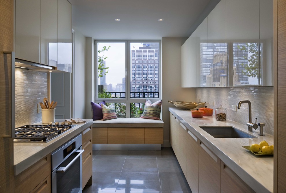 Design ideas for a contemporary galley enclosed kitchen in New York with stainless steel appliances.