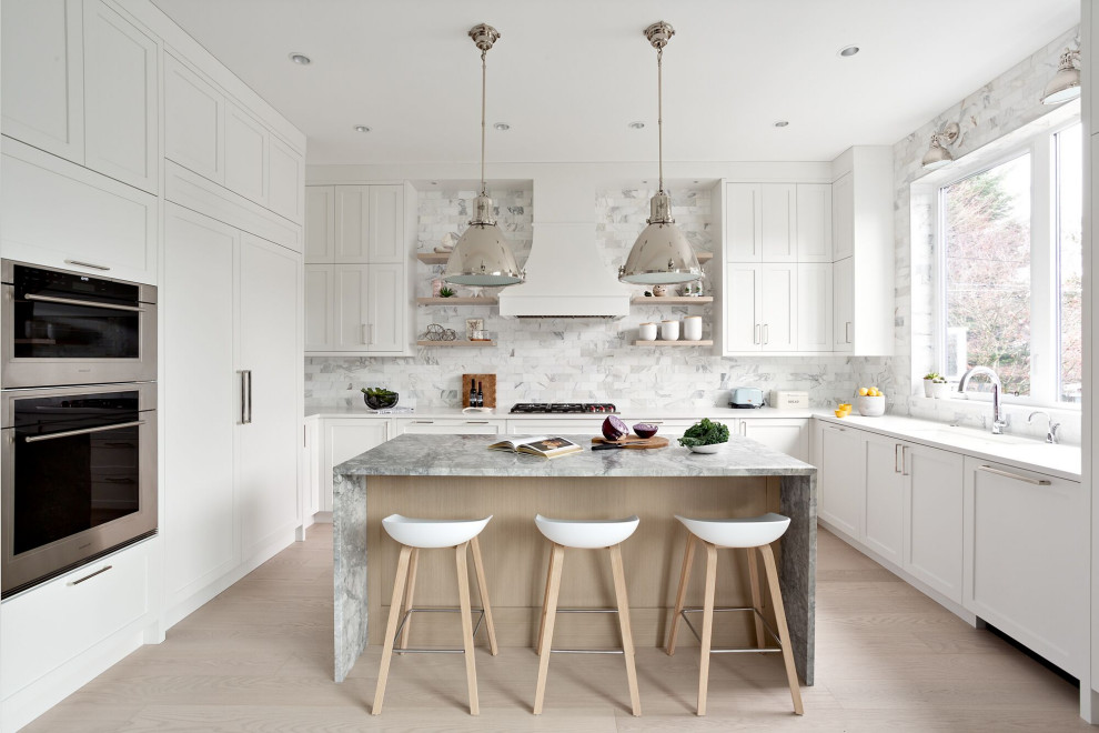 Design ideas for a small traditional u-shaped kitchen/diner in Vancouver with a single-bowl sink, shaker cabinets, white cabinets, engineered stone countertops, ceramic splashback, stainless steel appliances, plywood flooring, an island, beige floors, grey splashback and white worktops.