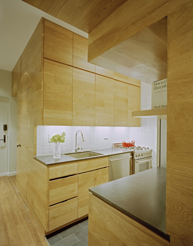Пример оригинального дизайна: кухня в стиле модернизм с техникой из нержавеющей стали