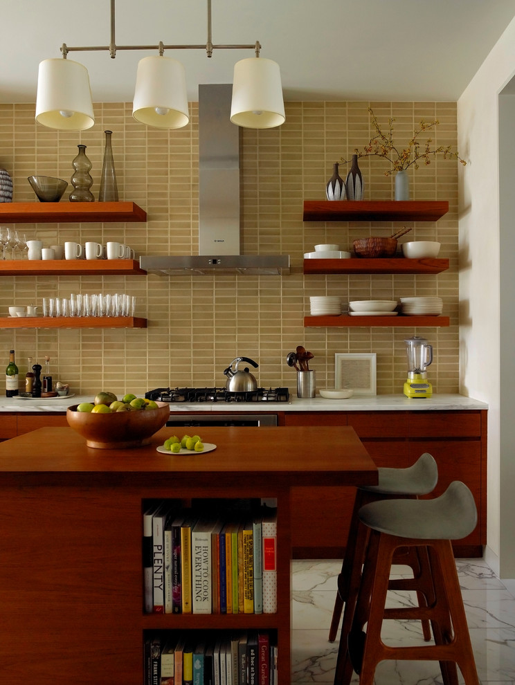 Eclectic kitchen photo in New York with open cabinets and medium tone wood cabinets
