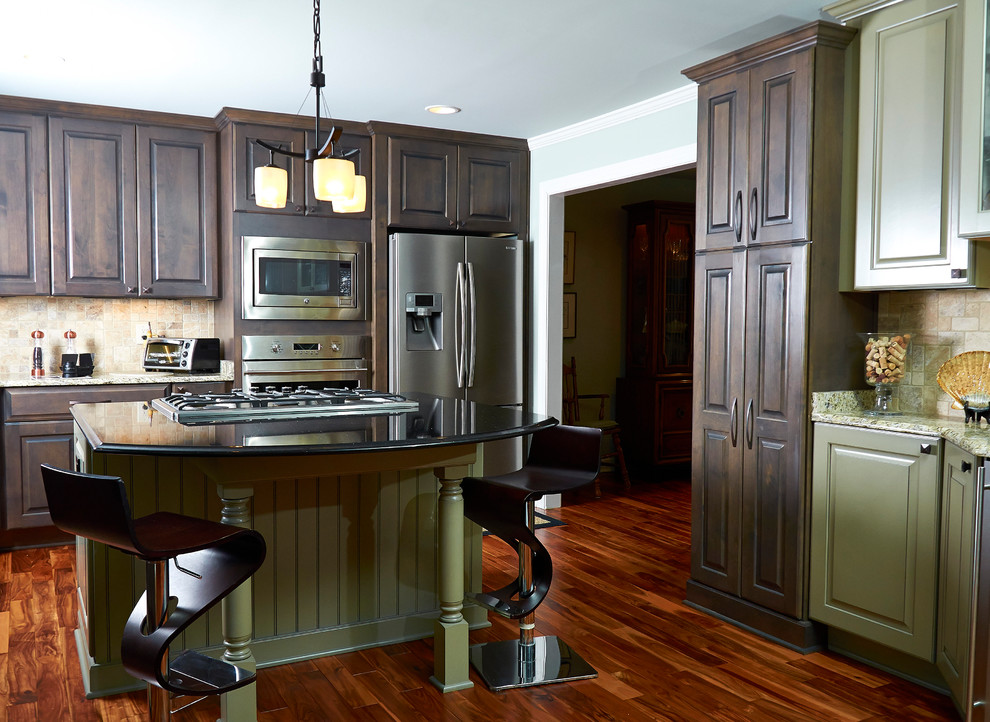 Kitchen - medium tone wood floor kitchen idea in Other with granite countertops and an island