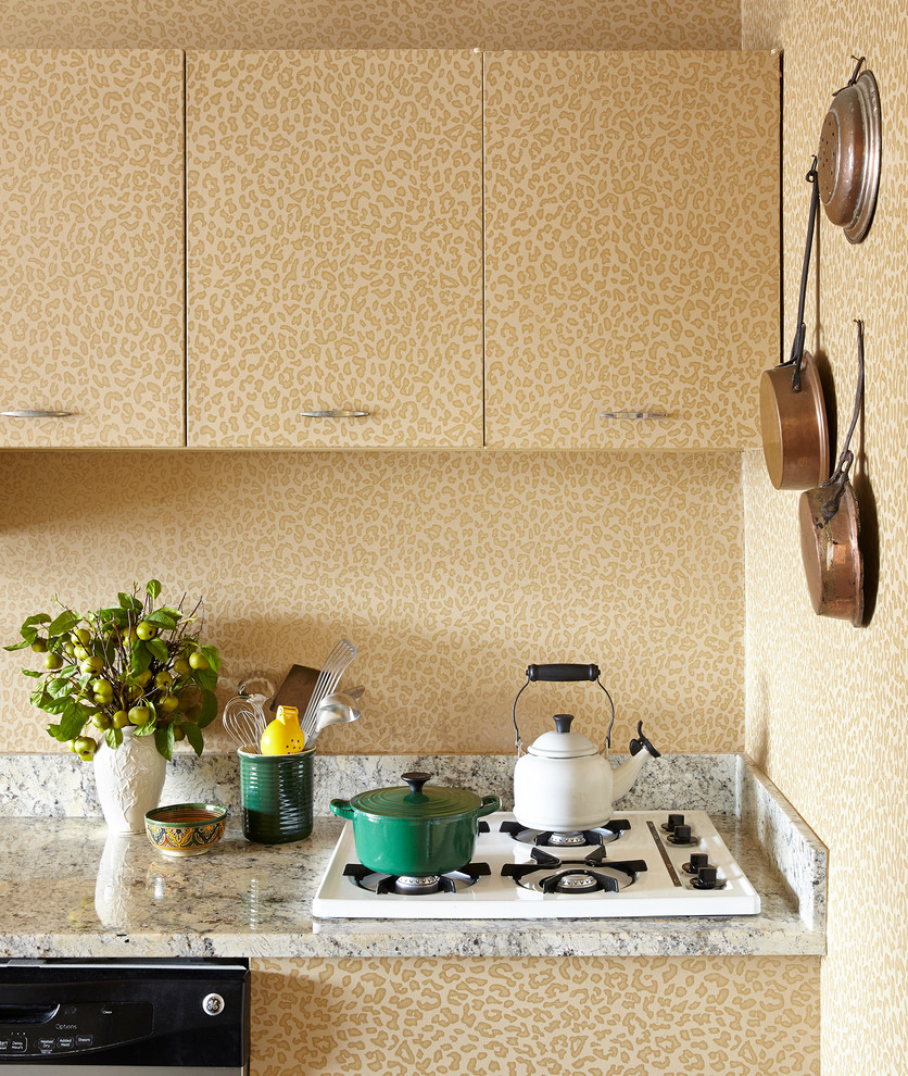 Imagen de cocina bohemia con armarios con paneles lisos