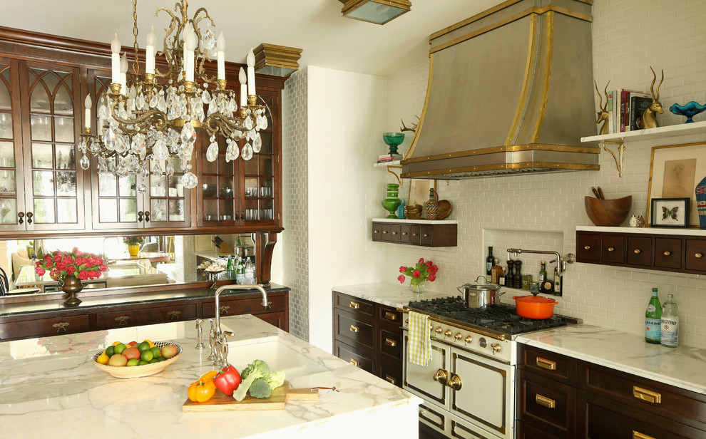 Inspiration for an eclectic kitchen remodel in Chicago with glass-front cabinets, dark wood cabinets, white backsplash, subway tile backsplash and white appliances