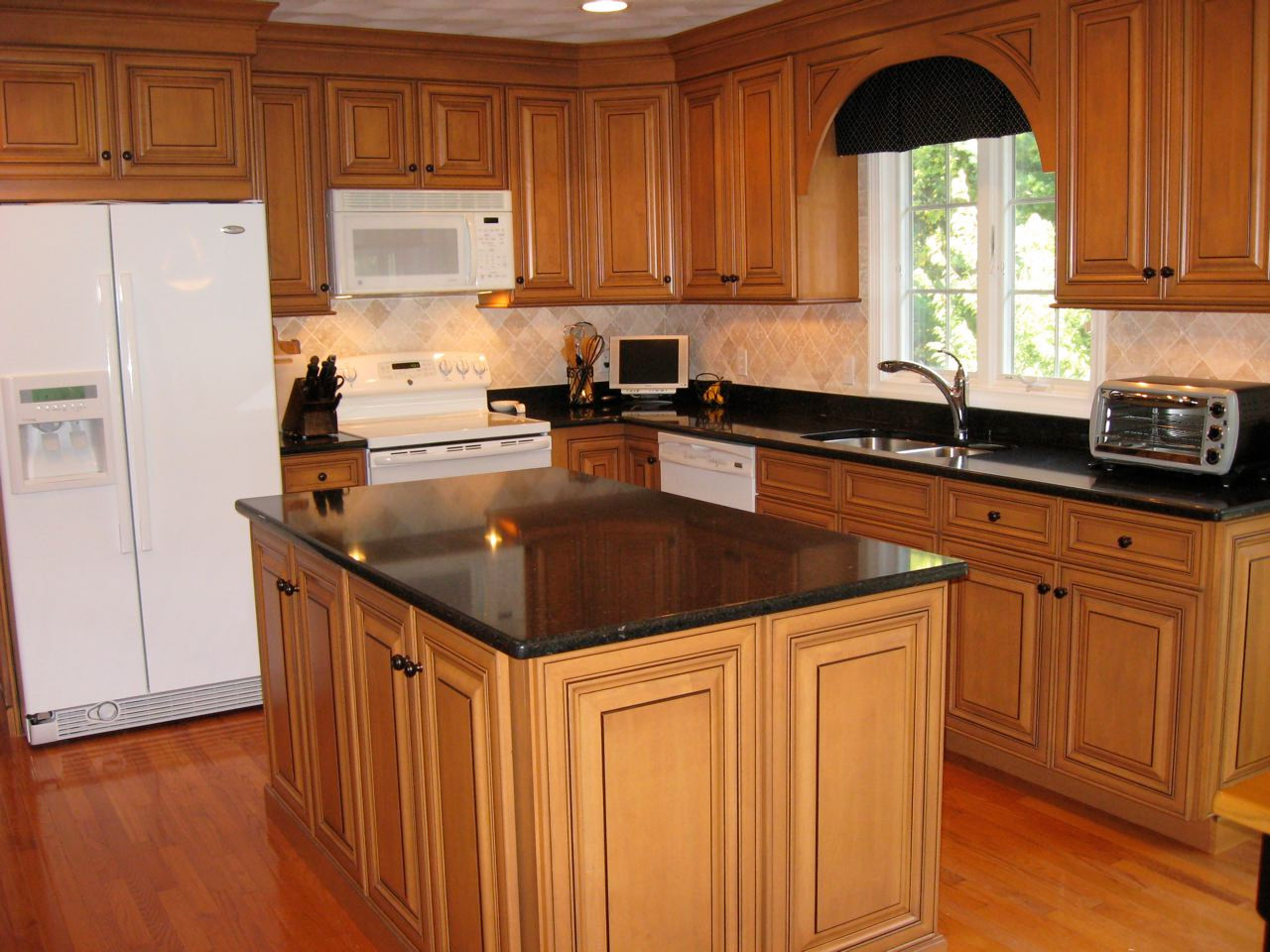 Brown kitchen cabinets with white appliances deals