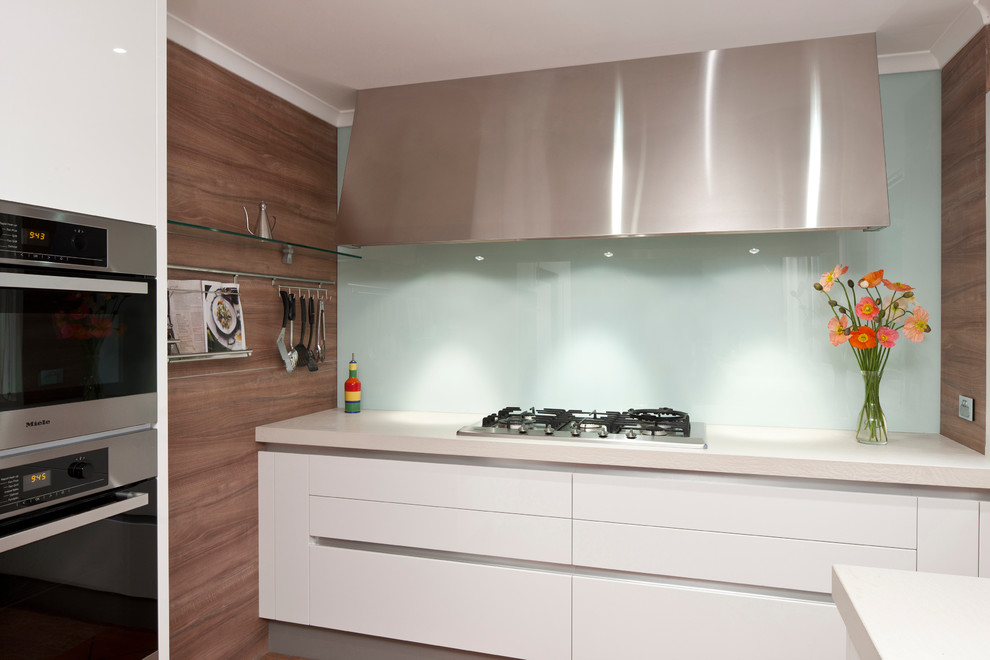 Large contemporary galley kitchen/diner in Other with engineered stone countertops, white splashback, glass sheet splashback, stainless steel appliances and an island.