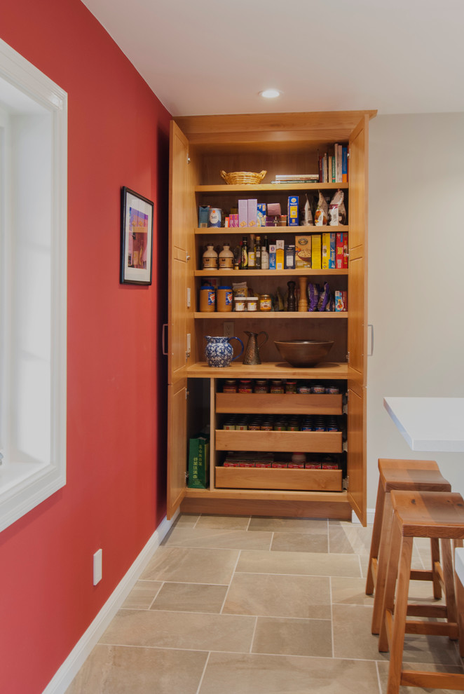 Kitchen pantry - small transitional l-shaped porcelain tile kitchen pantry idea in Seattle with a single-bowl sink, recessed-panel cabinets, light wood cabinets, quartz countertops, multicolored backsplash, mosaic tile backsplash, stainless steel appliances and an island
