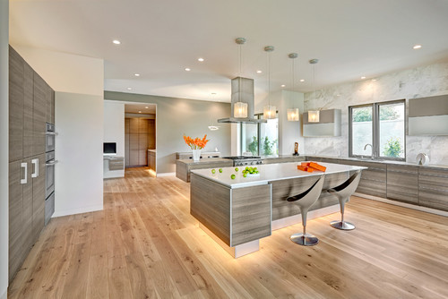Contemporary kitchen design with warm lighting