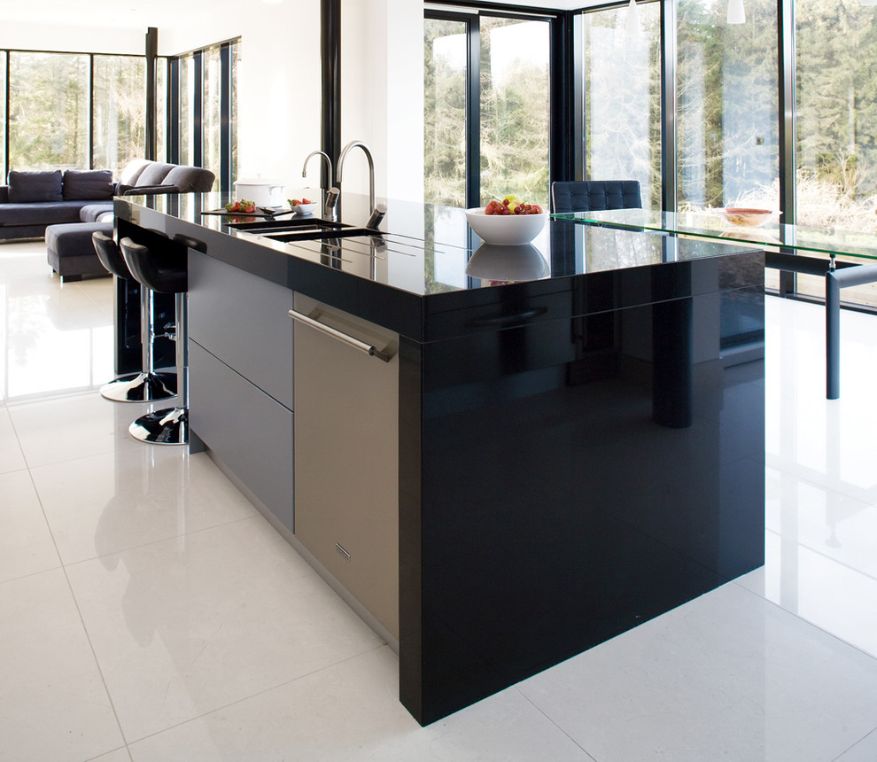 Inspiration for a contemporary open plan kitchen in Other with a double-bowl sink.