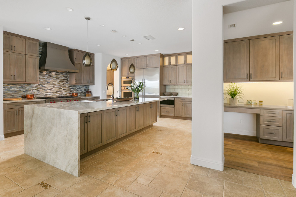 Huge transitional l-shaped porcelain tile and beige floor kitchen pantry photo in Tampa with an undermount sink, recessed-panel cabinets, gray cabinets, quartzite countertops, multicolored backsplash, glass tile backsplash, stainless steel appliances, an island and gray countertops
