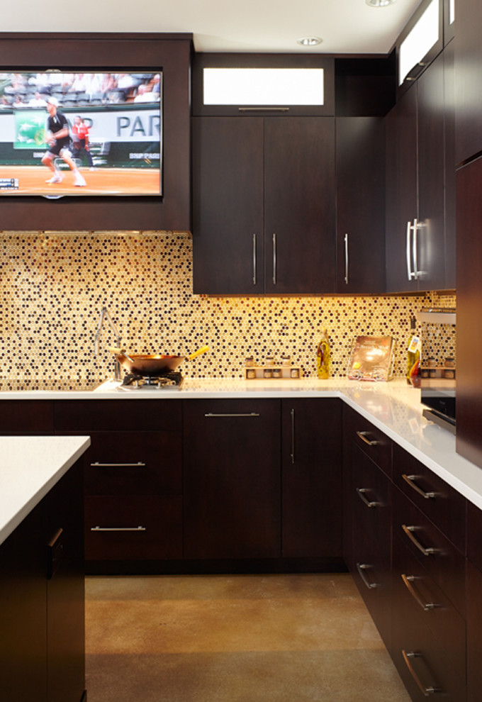 Example of a large trendy concrete floor kitchen design in Boston with flat-panel cabinets, dark wood cabinets, quartz countertops, multicolored backsplash, glass tile backsplash, two islands, stainless steel appliances and an undermount sink