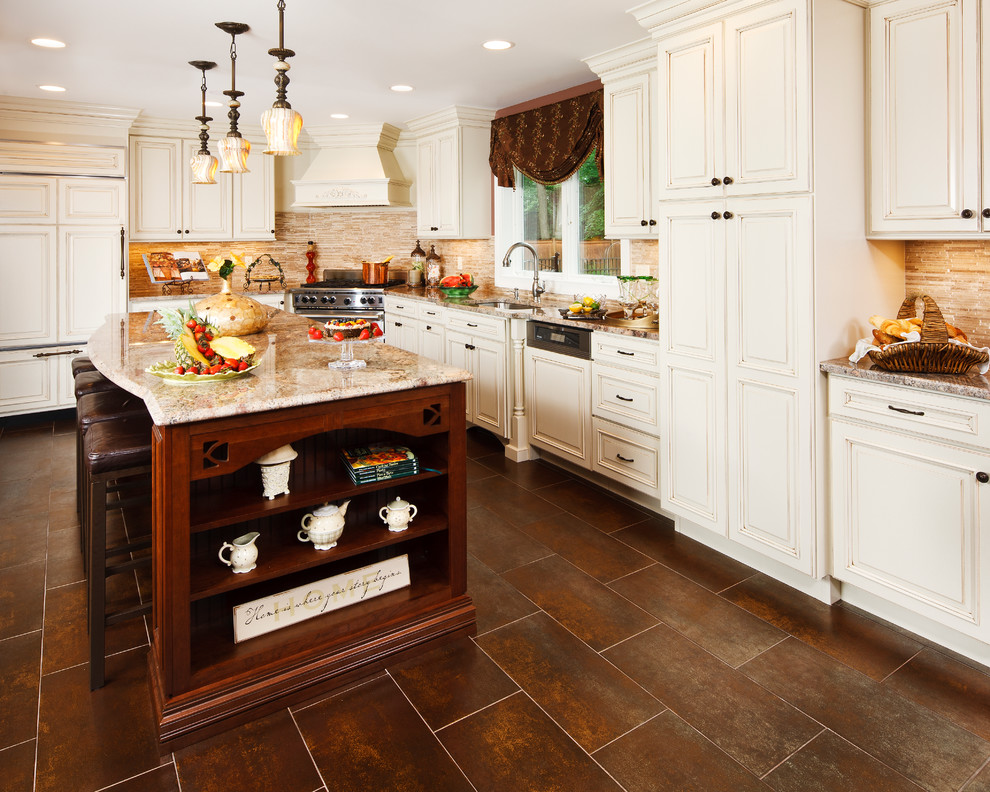 Elegant kitchen photo in New York with granite countertops
