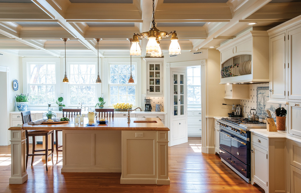 Große Klassische Wohnküche in U-Form mit Landhausspüle, Kassettenfronten, weißen Schränken, bunten Elektrogeräten, braunem Holzboden und Kücheninsel in Boston