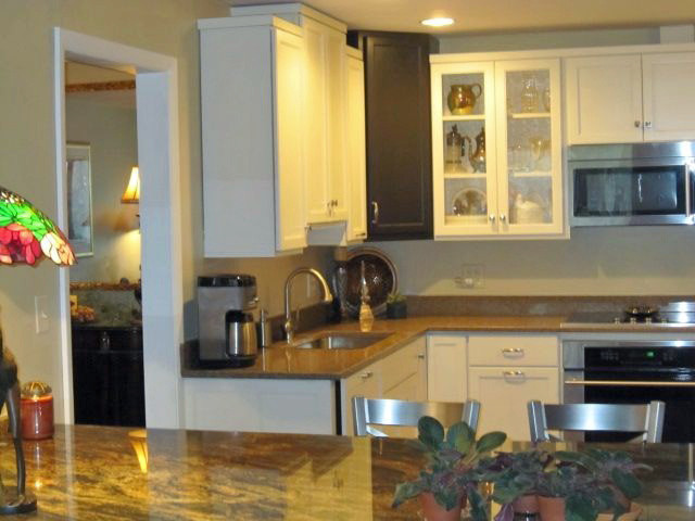 Inspiration för moderna kök och matrum, med en undermonterad diskho, luckor med infälld panel, vita skåp, granitbänkskiva och rostfria vitvaror