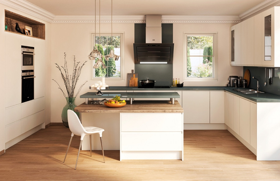Photo of a contemporary kitchen/diner in Other with beige cabinets, an island and grey worktops.