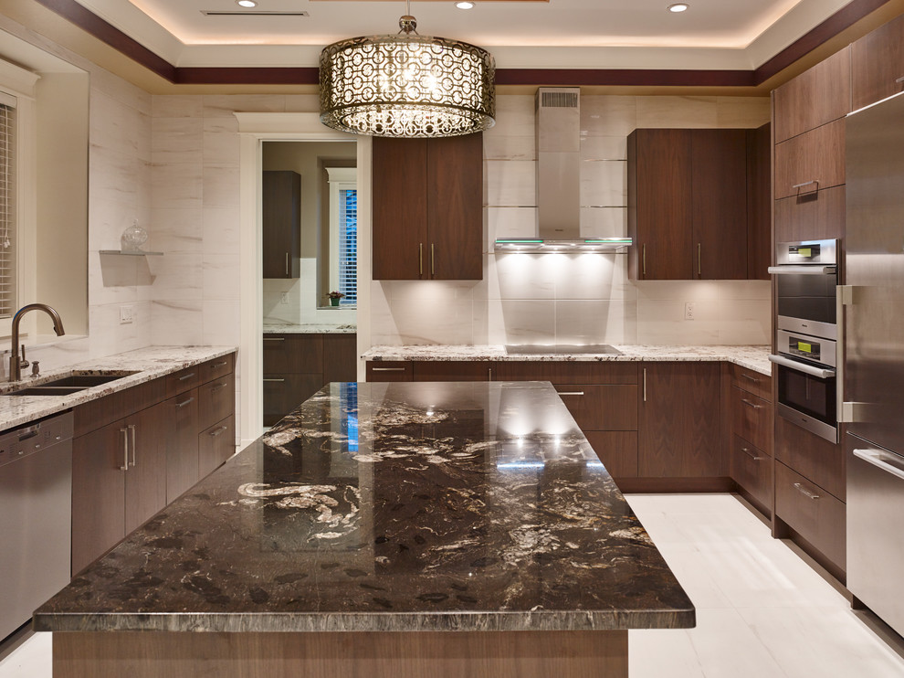 Example of a large transitional u-shaped ceramic tile eat-in kitchen design in Vancouver with an undermount sink, flat-panel cabinets, dark wood cabinets, granite countertops, ceramic backsplash, stainless steel appliances and an island