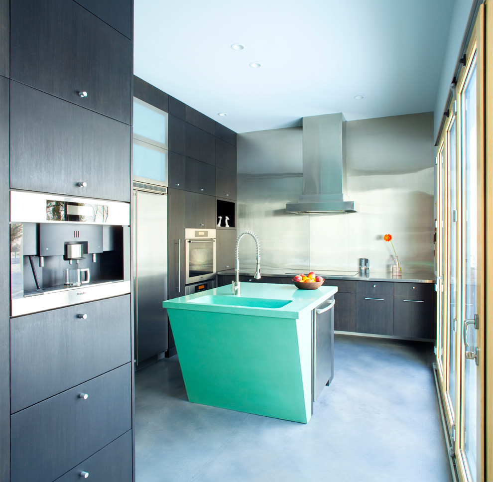 Inspiration for a contemporary enclosed kitchen remodel in Other with an integrated sink, dark wood cabinets, metallic backsplash, metal backsplash and stainless steel appliances