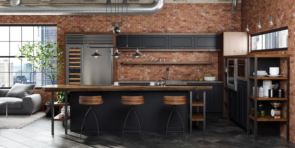 Идея дизайна: угловая кухня-гостиная в стиле лофт с монолитной мойкой, плоскими фасадами, черными фасадами, деревянной столешницей, красным фартуком, фартуком из кирпича, техникой из нержавеющей стали, полом из керамогранита и островом