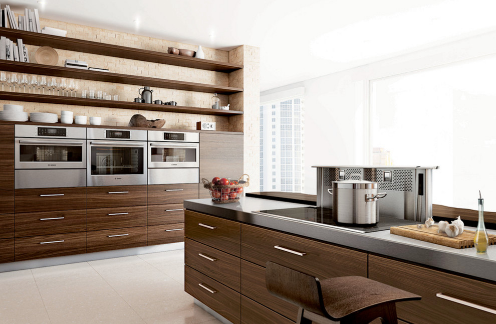 Design ideas for a medium sized contemporary single-wall kitchen/diner in Vancouver with flat-panel cabinets, dark wood cabinets, stainless steel worktops, beige splashback, ceramic splashback, stainless steel appliances, ceramic flooring, a breakfast bar and beige floors.