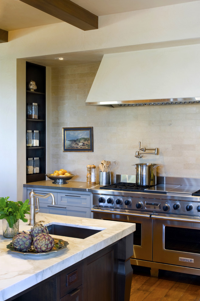 サンフランシスコにあるトランジショナルスタイルのおしゃれなキッチン (シルバーの調理設備、ライムストーンのキッチンパネル) の写真