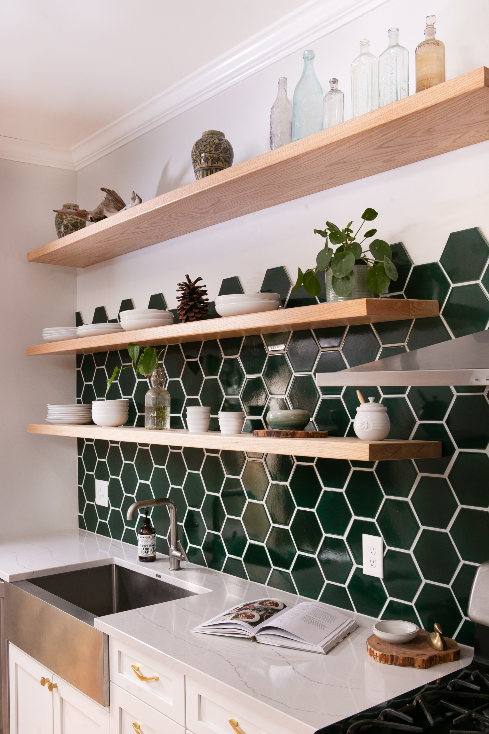 Evergreen Hexagon Kitchen Backsplash, Green Hex Backsplash Tile