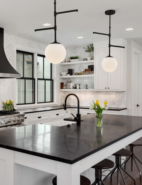 black quartz countertops white cabinets