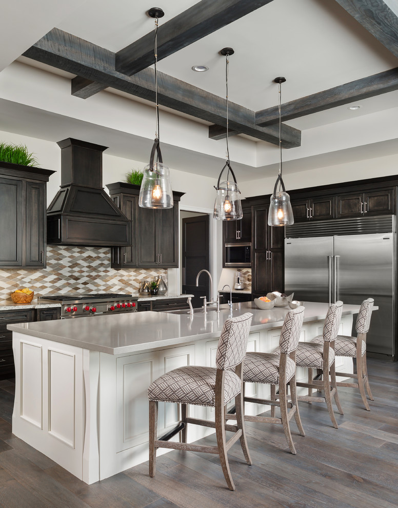 Large eclectic l-shaped porcelain tile and multicolored floor open concept kitchen photo in Phoenix with an undermount sink, shaker cabinets, dark wood cabinets, quartzite countertops, multicolored backsplash, porcelain backsplash, stainless steel appliances and an island