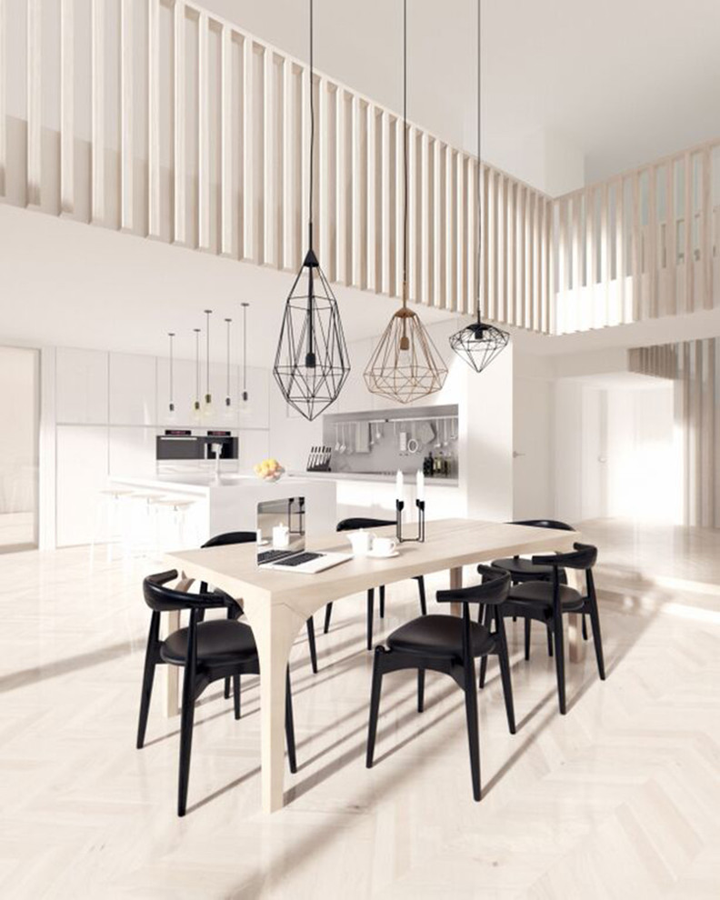 Стильный дизайн: большая угловая кухня-гостиная в современном стиле с плоскими фасадами, светлым паркетным полом, полуостровом и черно-белыми фасадами - последний тренд